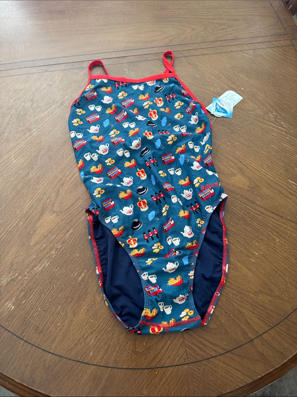 British Tea Time Trolly Crown Fish & Chips Royal Sporti OnePiece Swimsuit NWT 38